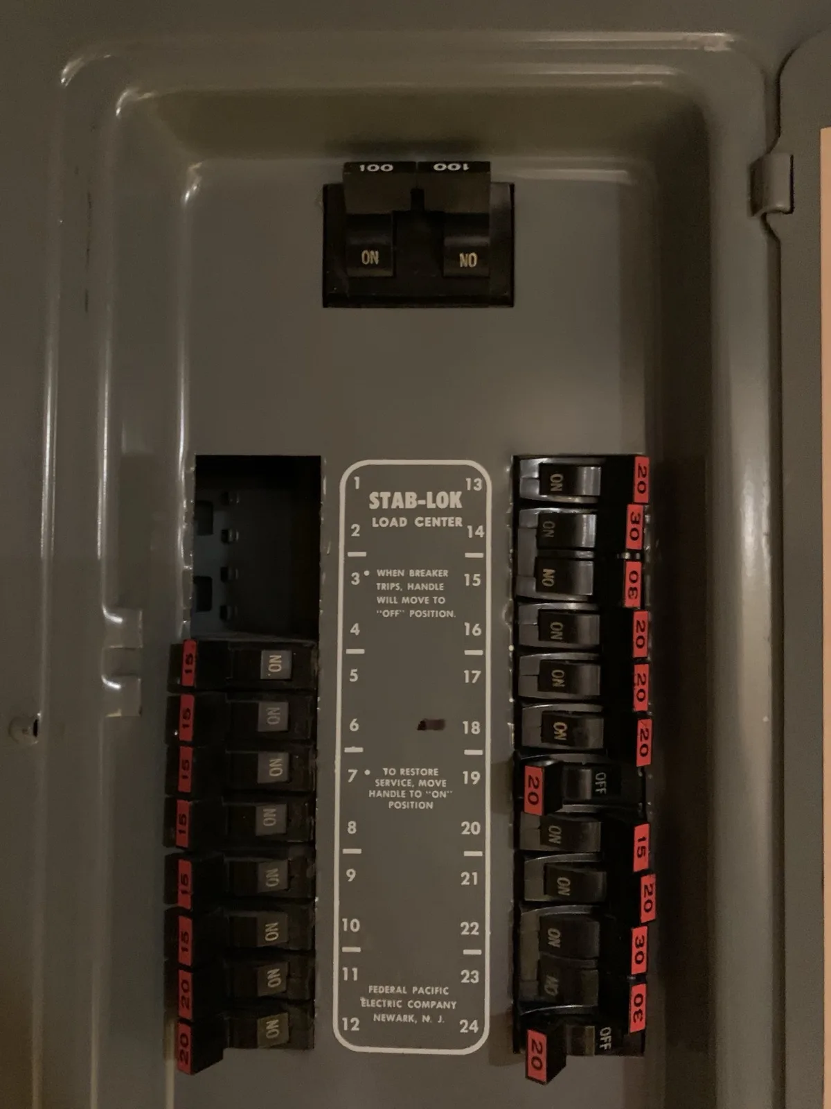 Interior of an older Federal Pacific Stab-Lok panel, a discontinued breaker type many homeowners choose to replace