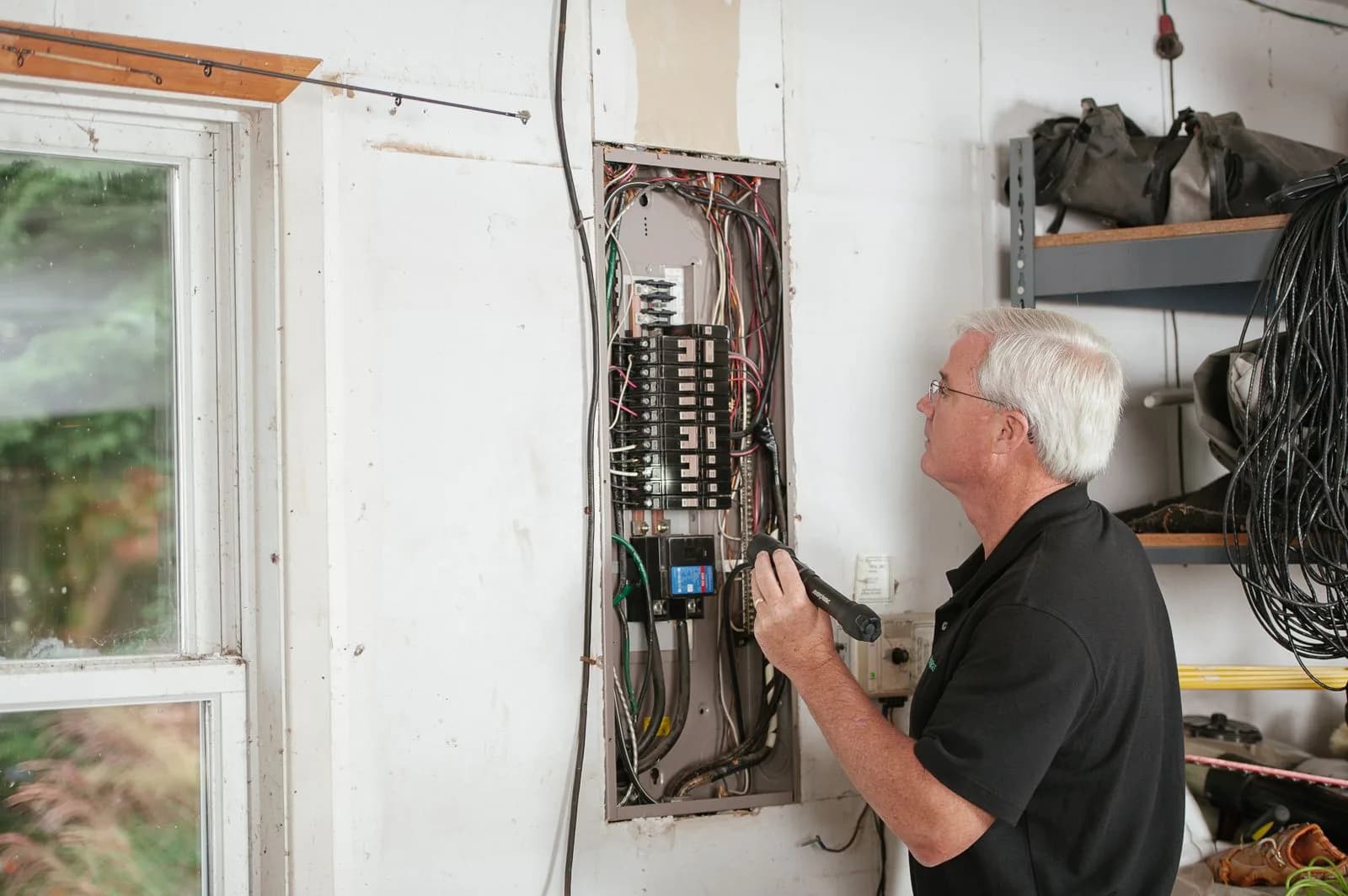 Electrician inspecting an open panel with a flashlight before rewiring work
