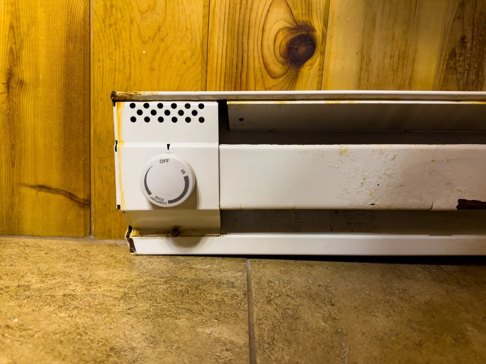 Electric baseboard heater along an interior wall with its thermostat dial visible