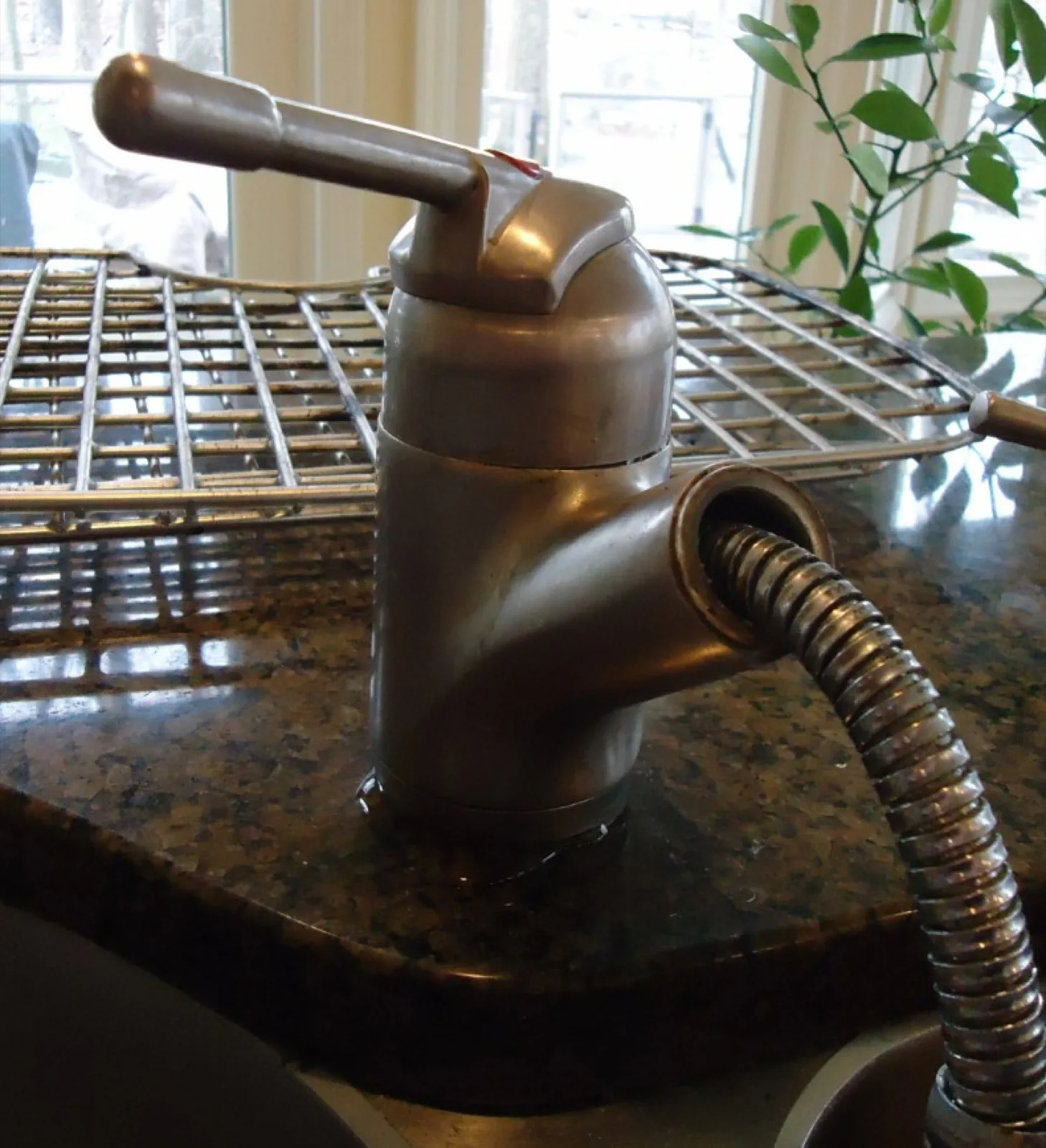 Older kitchen faucet showing a drip at the spout, the kind of leak that prompts a fixture repair call