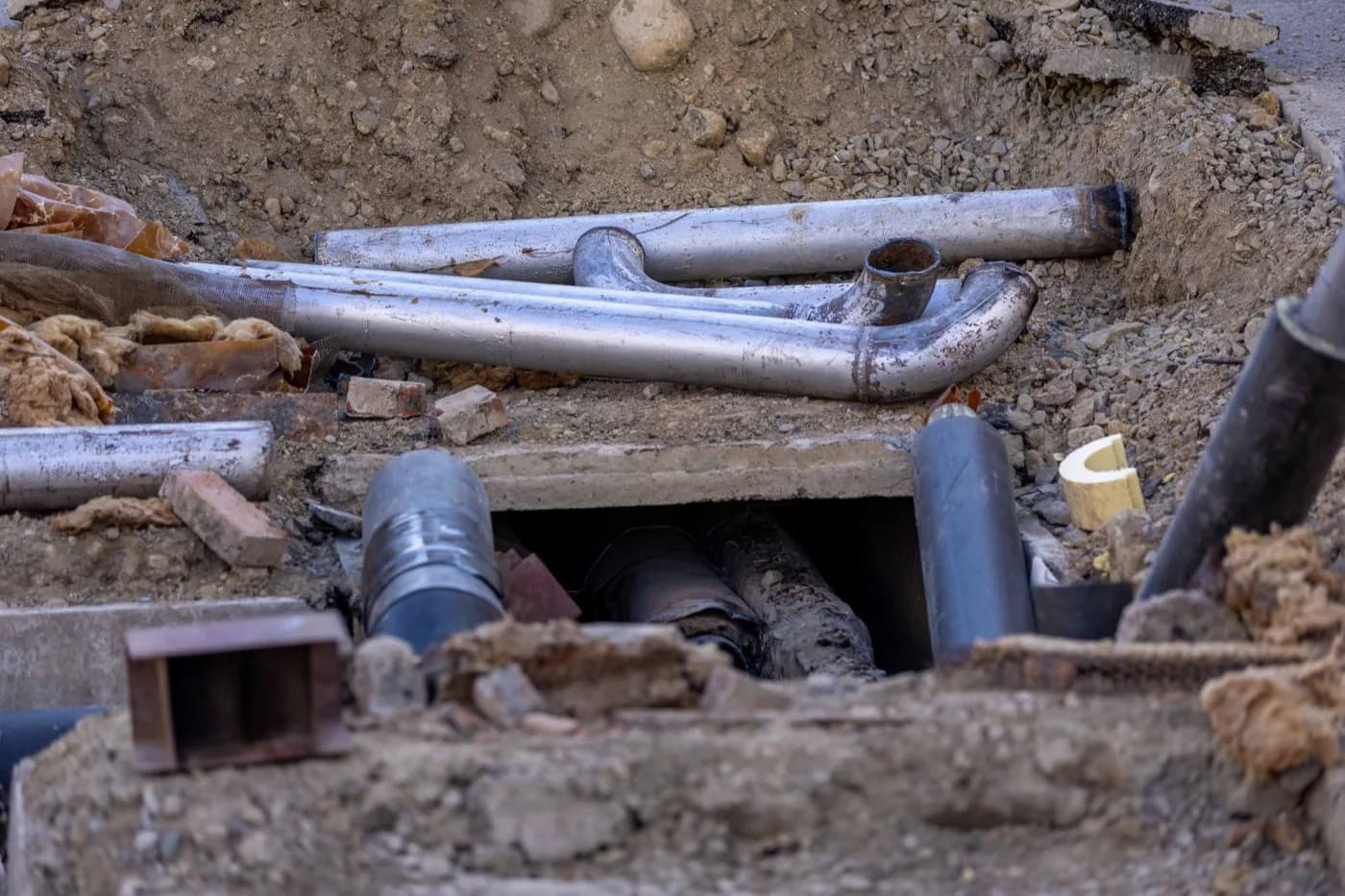 Underground utility pipe exposed in a trench during excavation